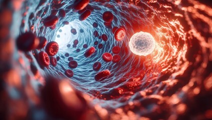 Close-up view inside a blood vessel showing flowing red blood cells and a single white blood cell surrounded by textured vessel walls illuminated with warm and cool lighting