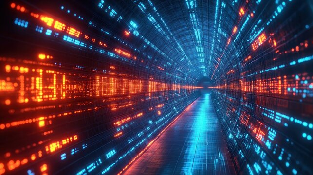 Futuristic illuminated tunnel with glowing red and blue digital data streams creating a sense of motion and technological depth