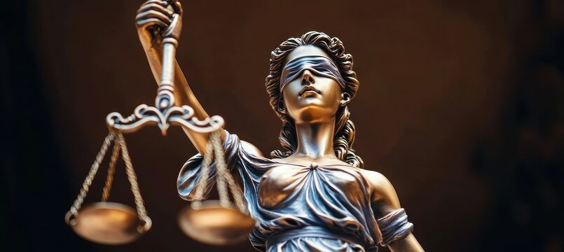close-up of bronze statue of blindfolded woman holding balanced scales symbolizing justice and fairness against dark background