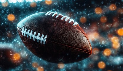 Close-up of a textured brown American football with white laces floating against a vibrant blurred background with blue and orange bokeh lights, evoking excitement and focus