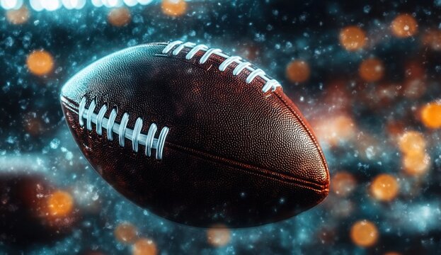 Close-up of a textured brown American football with white laces floating against a vibrant blurred background with blue and orange bokeh lights, evoking excitement and focus