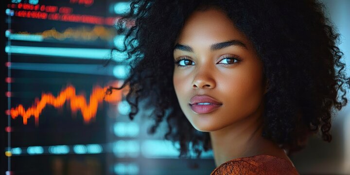 confident young woman with curly hair looking thoughtfully at camera with blurred colorful stock market charts in background