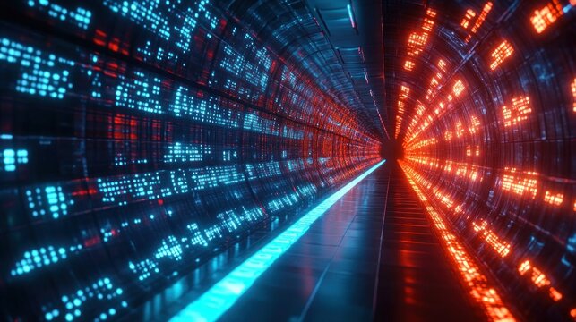Futuristic tunnel illuminated with blue and orange glowing digital code panels creating a vibrant high-tech corridor effect - Powered by Adobe