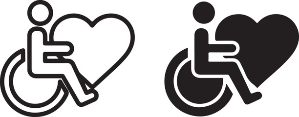 Icon of person in wheelchair with heart symbol next to it, representing disability awareness and love in two styles: outline and solid fill. isolated on white background, Vector, illustration
