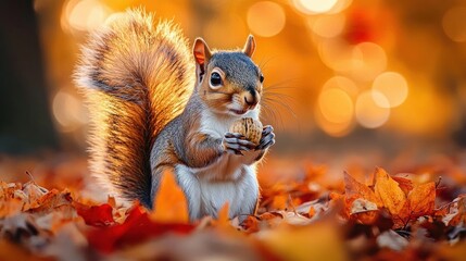A small squirrel holding a walnut surrounded by autumn leaves with warm, glowing light in the background creating a cozy atmosphere