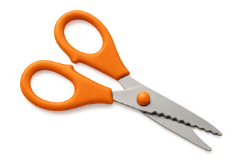 Orange handled pinking shears with zigzag blades for craft projects, sewing, and decorative cutting of fabric and paper