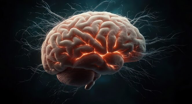 Detailed 3D illustration of a human brain with glowing neural pathways and electric impulses against a dark background illustrating brain activity and connectivity