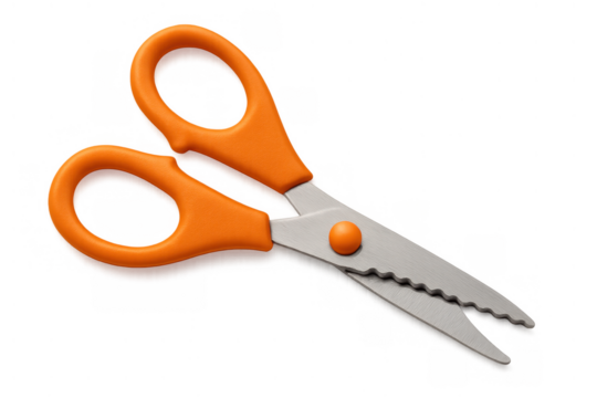 Orange handled pinking shears with zigzag blades for craft projects, sewing, and decorative cutting of fabric and paper