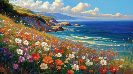 Colorful wildflowers bloom on a coastal hillside overlooking blue ocean waves under a partly cloudy sky, with rocky cliffs and distant mountains in the background