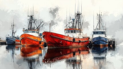 Four colorful fishing boats docked on calm water with cloudy sky and detailed reflections creating a peaceful and serene harbor scene
