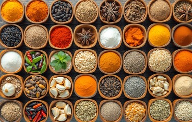 A vibrant grid of wooden bowls filled with an array of global spices and herbsstar anise, paprika, cumin, garlic, chili peppers, mint leaves, and moreall arranged neatly on a dark wood surface to show