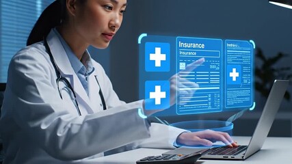 Asian doctor working on laptop with health insurance information hologram - Powered by Adobe