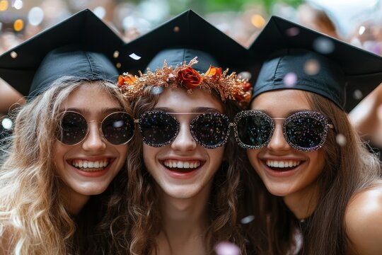 Three young women wearing graduation caps and stylish sunglasses smiling joyfully with one adorned with a floral crown, celebrating success with confetti in the background