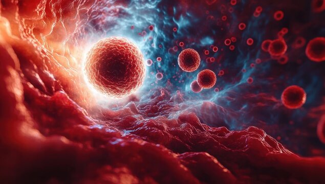 Close-up view of red blood cells flowing through a blood vessel with textured walls illuminated by bright light, showing dynamic fluid movement and biological detail