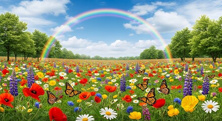 Colorful Flower Field with Butterflies and Rainbow Under Blue Sky