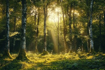 Naklejka premium Sunlight filtering through tall birch trees in a peaceful green forest with moss and grass covering the forest floor