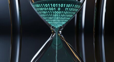 An hourglass with glowing green binary code flowing like sand, symbolizing the passage of digital time.