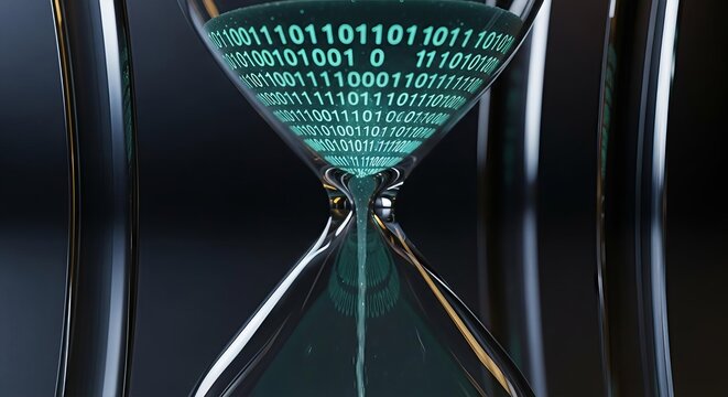 An hourglass with glowing green binary code flowing like sand, symbolizing the passage of digital time.