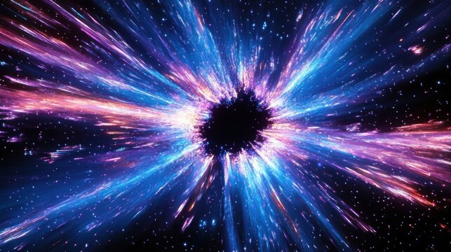 Bright cosmic explosion with radiant blue and purple light rays bursting outward from a dark center in outer space filled with sparkling stars