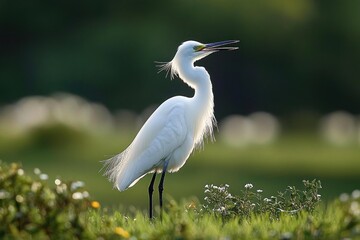 Fototapeta premium white egret standing in green grass with small white flowers, open beak, and calm natural background