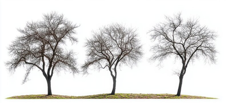 Three leafless trees standing on a small grassy hill under a clear white sky conveying solitude and simplicity