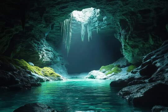 Tranquil underwater cave with turquoise water illuminated by natural light from an opening above surrounded by moss-covered rocks and hanging stalactites