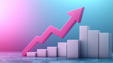 3d illustration of a pink upward arrow rising above a series of white vertical bar charts against a gradient purple and blue background symbolizing growth and success