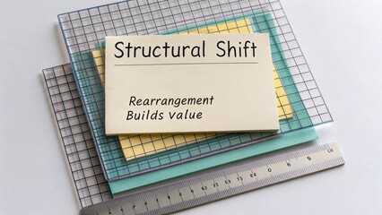 Conceptual Representation of Structural Shift with Colorful Note Cards and Ruler on Grid Background for Business Analysis