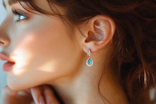 close-up of a woman with clear skin and light makeup wearing elegant blue teardrop earrings with sparkling accents, soft natural light highlighting her profile and hair