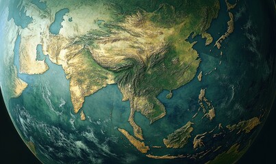 Detailed 3D globe view showing the continent of Asia including countries like India, China, Southeast Asia, and surrounding oceans under natural lighting with textured land elevations
