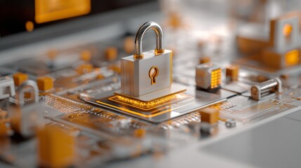 A padlock rests on a circuit board, bathed in an orange glow. The image represents digital security and cyber protection
