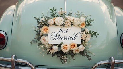 Vintage mint green car decorated with a floral wreath and “Just Married” sign, symbolizing newlywed celebration, romantic journey, and classic wedding getaway with flowers and love