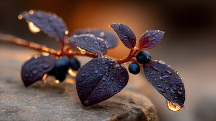 Close-up of vibrant blueberry leaves with morning dew and natural backlighting