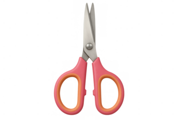 Pink handled scissors with orange lining, designed for children's school use, arts, and crafts, isolated on a transparent background