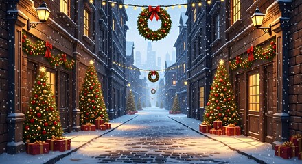 Festive Christmas Decor on Snowy City Street with Illuminated Trees and Wreaths in Winter Night Scene