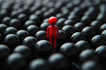 Fototapeta premium Red glossy human figure standing out among numerous glossy black spheres representing uniqueness and individuality