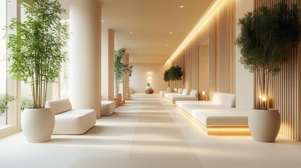 Spacious modern hallway interior with large potted plants, white cushioned seating along walls, warm ambient lighting, and natural daylight from tall windows