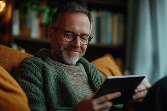 Middle-aged man with glasses sitting comfortably on a sofa reading a tablet with a content smile in a cozy, warm-lit room with books in the background