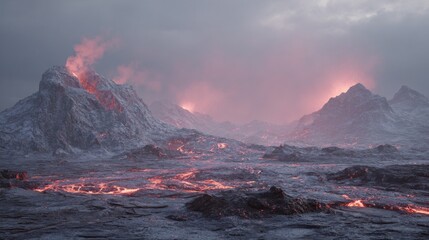 Barren landscape scene of fiery lava streams & volcanic mountains erupting under a stormy sky, suggesting extreme conditions