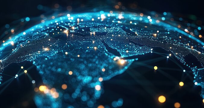 Glowing digital representation of a world map with interconnected points and bright nodes symbolizing data flow and network connectivity