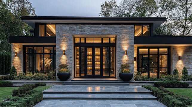 Modern single-story house exterior at dusk with large glass windows, stone facade, warm lighting, symmetrical design, and landscaped garden with trimmed bushes - Powered by Adobe