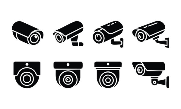 Set of Black Surveillance (CCTV) Camera Icons, Security Camera Glyph Collection, CCTV Monitoring System Icons, silhouette, illustration, vector.