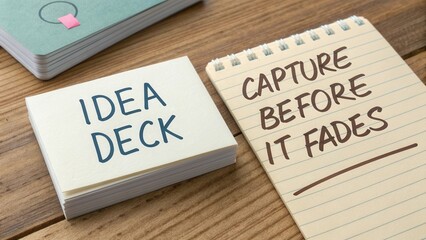 Creative Idea Deck with Note Capture Before It Fades on Wooden Table Surface