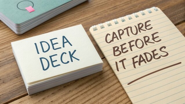 Creative Idea Deck with Note Capture Before It Fades on Wooden Table Surface