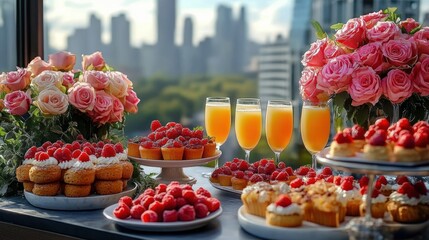Elegant table set with various raspberry desserts, four glasses of orange juice, and vibrant pink rose bouquets against a cityscape backdrop.