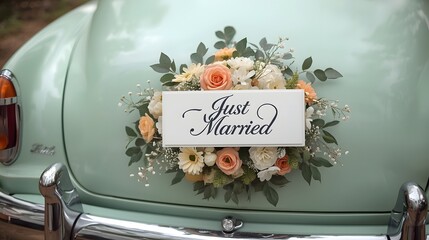 Vintage mint green car decorated with a floral wreath and “Just Married” sign, symbolizing newlywed celebration, romantic journey, and classic wedding getaway with flowers and love