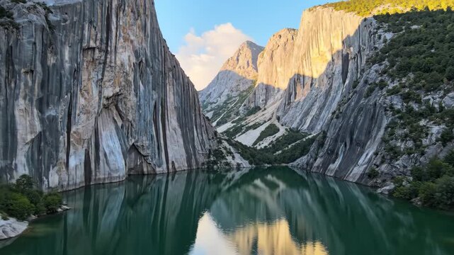 Majestic mountain peaks reflected in a tranquil, clear lake under a soft sky