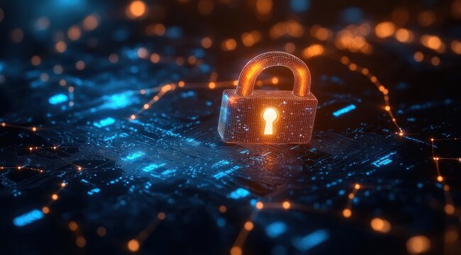 Glowing digital padlock floating above an illuminated circuit board symbolizing cybersecurity and data protection in a futuristic environment