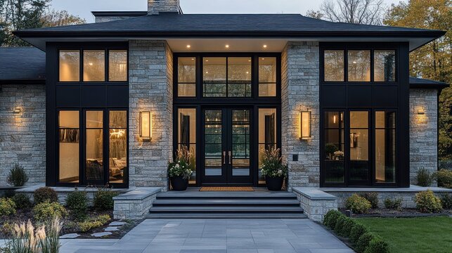 Modern stone house entrance with large black-framed windows, warm interior lighting, symmetrical exterior lamps, and manicured garden in early evening