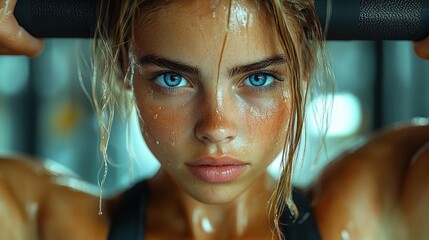 Close-up of intense young woman with striking blue eyes and wet skin holding workout equipment, showing determination and focus during exercise